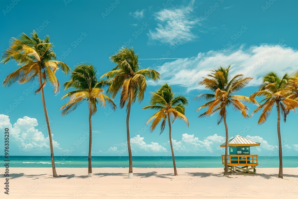 Serene Beach Scene with Palm Trees and Lifeguard Tower Under a Clear Blue Sky Serene Beach Scene with Palm Trees and Lifeguard Tower Under a Clear Blue Sky