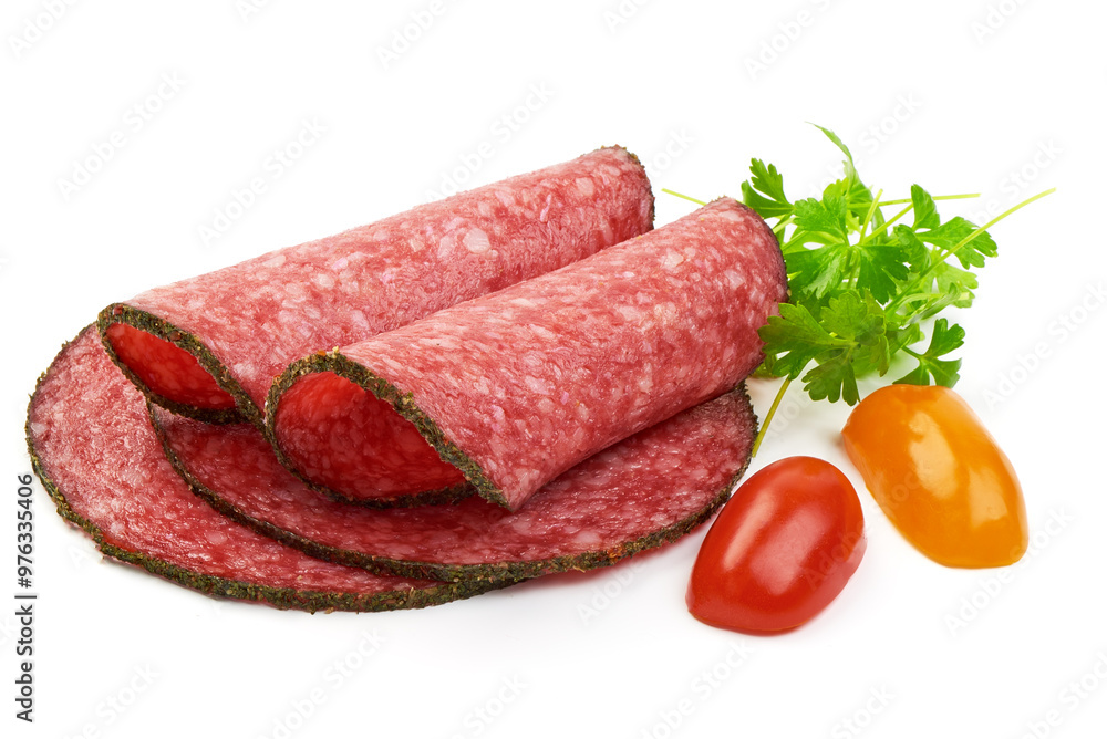 Traditional smoked salami sausage with spices Isolated on white background Traditional smoked salami sausage with spices Isolated on white background