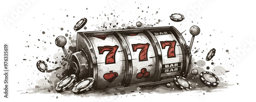 Casino slot 777 machine hand drawn engraving sketch. vector simple illustration