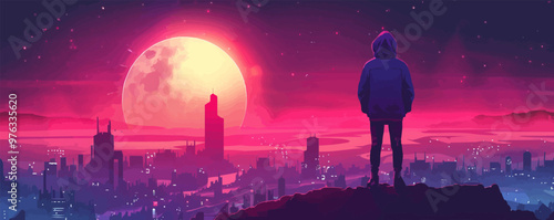 A person in a hoodie standing on a hilltop and looking down at a futuristic cyberpunk neon city. vector simple illustration