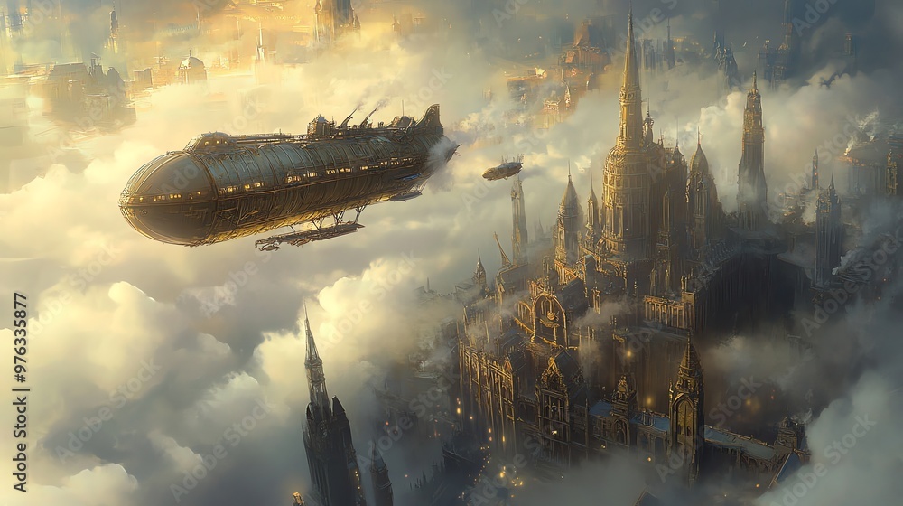 A steampunk airship flies above a fantastical city in the clouds. A steampunk airship flies above a fantastical city in the clouds.