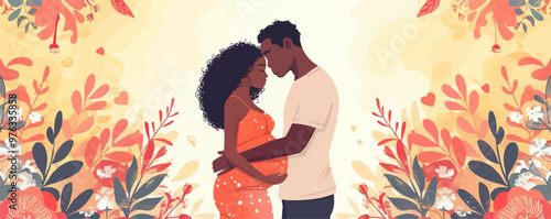 A married couple of a pregnant wife and husband. A black man embraces a woman in love beautiful vector illustration.