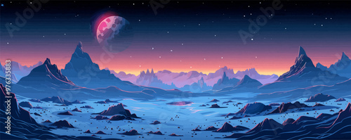 A surreal moonscape with rugged craters, jagged peaks, and a distant view of Earth rising over the horizon. Vector flat minimalistic isolated illustration.