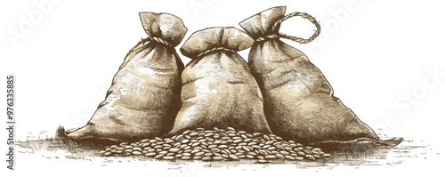 Three bags of grain are piled on top of each other