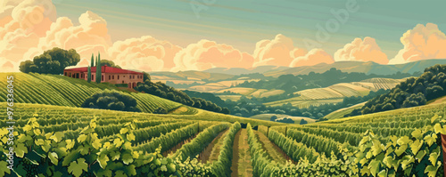 A picturesque vineyard scene with orderly rows of grapevines stretching across rolling hillsides. Vector flat minimalistic isolated illustration.