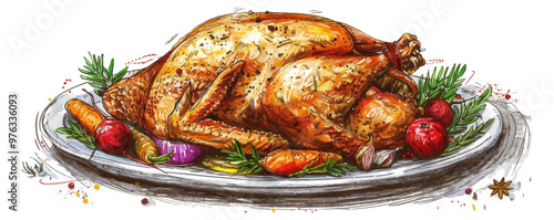 Baked turkey with vegetables and spices lies on a plate hand drawn sketch. vector simple illustration