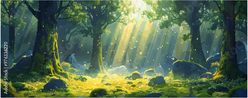 A mystical ancient forest with towering trees, moss-covered stones, and shafts of golden sunlight filtering through the canopy. Vector flat minimalistic isolated illustration.