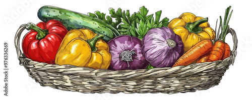 Hand drawn basket full of fresh vegetables. Farm organic food. Sketch vintage. vector simple illustration