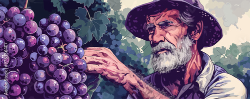 Farmer with a basket of grapes drawn. vector simple illustration
