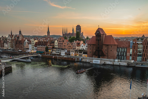 View of the Gdańsk skyline at sunset. Summer.