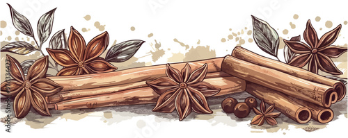 Fragrant cinnamon sticks, star anise. Spices and herbs, food concept. Hand drawn sketch vintage vector illustration. vector simple illustration