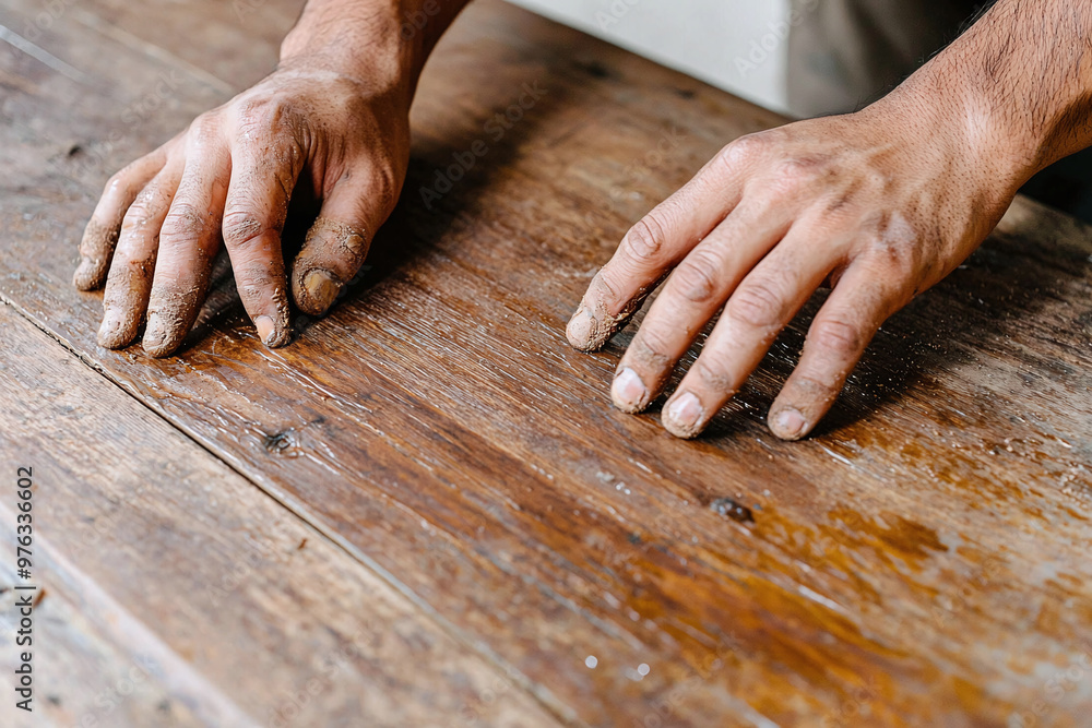 hands carefully applying wood stain to restore an old dresser hands carefully applying wood stain to restore an old dresser