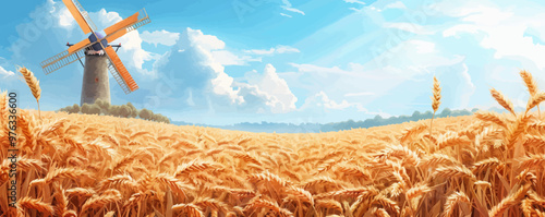 field of wheat with windmill vector simple 3d isolated illustration