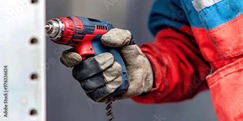 A person wearing gloves operates a red and blue power drill, focusing intently on fixing something, with an industrial setting in the background, showcasing determination and precision in work. photo