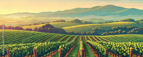 A peaceful vineyard overlooking rolling hills blanketed in rows of grapevines. Vector flat minimalistic isolated illustration.