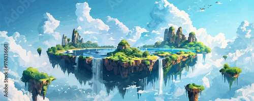 Flying island with waterfalls and watery expanses, surrounded by volcanoes. Vector flat minimalistic isolated illustration in digital art style.