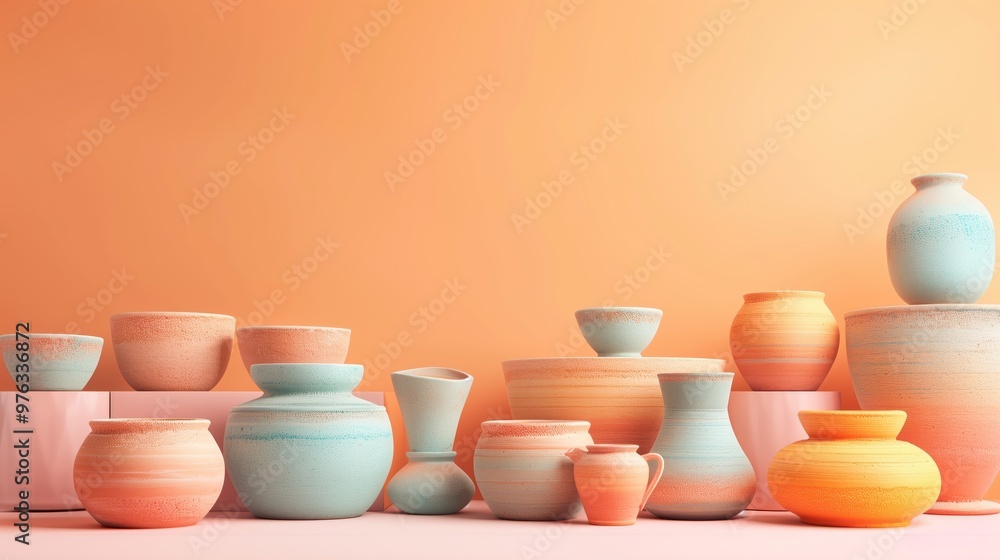 Colorful 3D Illustration of Creative Ceramic Pottery Against a Warm Orange Background Colorful 3D Illustration of Creative Ceramic Pottery Against a Warm Orange Background