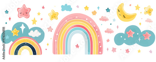 A rainbow with a moon and stars in the background