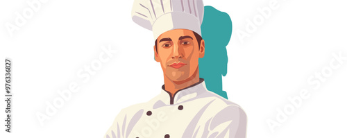 A chef is wearing a white hat and a white coat