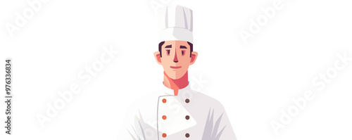 A chef is wearing a white hat and a white coat