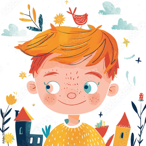 A cartoon boy with a bird on his head