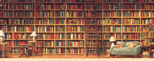 Classic library scene with tall bookshelves, a rolling ladder, and cozy reading nooks, flat, vector illustration, vintage hand drawn.