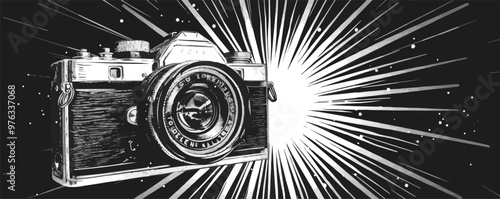 Classic pin-up camera with a large flash bulb, vector illustration, pin-up style, imitation of a scratch board, black and white image.