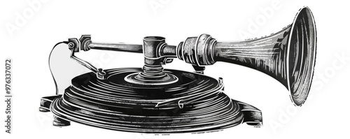 Classic pin-up gramophone needle, vector illustration, pin-up style, imitation of a scratch board, black and white image.