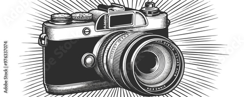 Classic pin-up camera with a large flash bulb, vector illustration, pin-up style, imitation of a scratch board, black and white image.