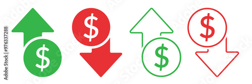 Dollar decrease, dollar appreciation icons  green and red