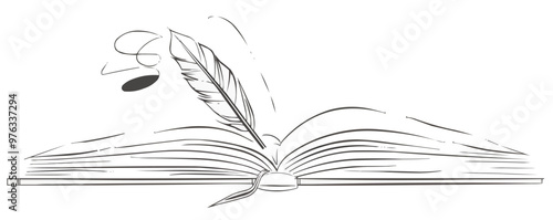 Continuous one line drawing open book with a quill on a white background. vector illustration.