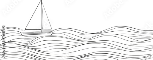 Continuous one line drawing sailboat on waves on a white background. vector illustration.