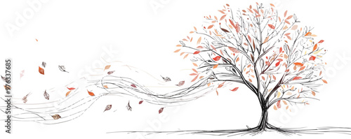 A tree with leaves blowing in the wind