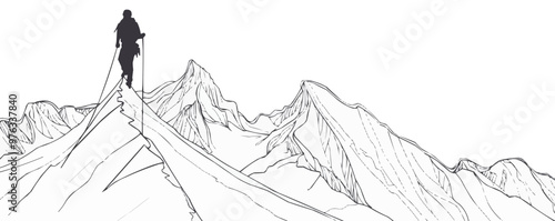 Continuous one line drawing mountain climber on peak on a white background. vector illustration.