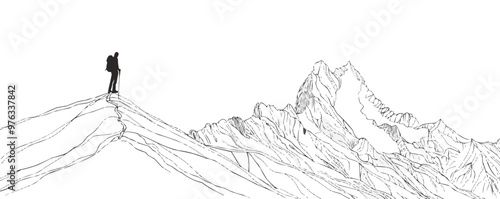 Continuous one line drawing mountain climber on peak on a white background. vector illustration.