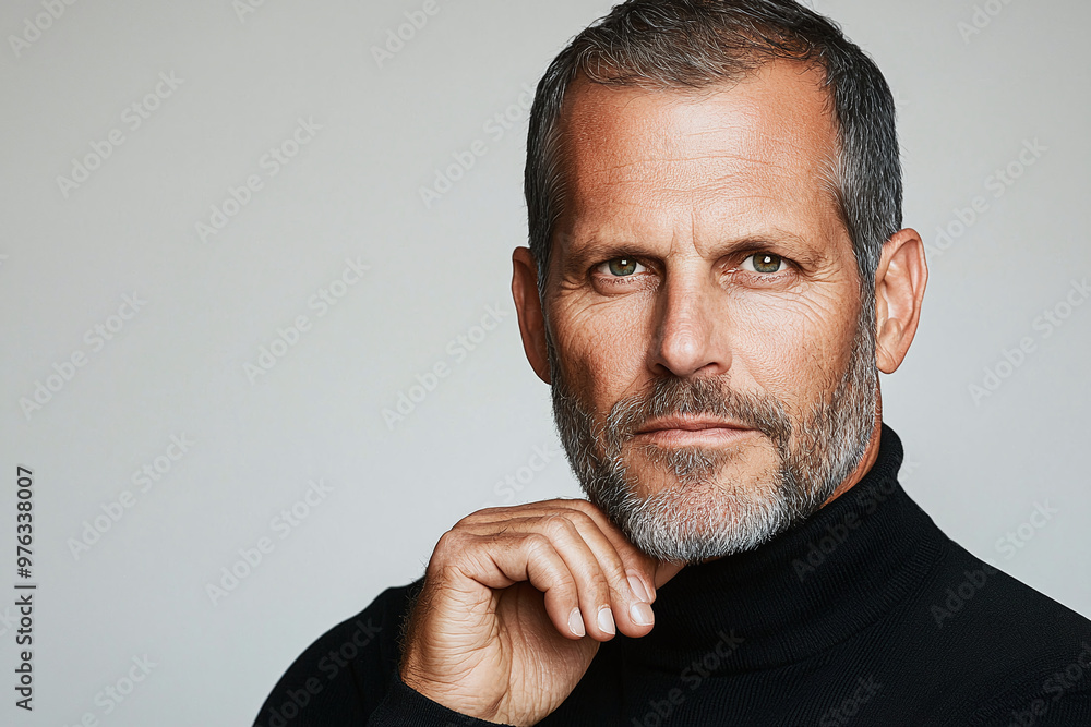 a distinguished man in his 40s with a thoughtful, contemplative expression, his hand lightly touching his chin a distinguished man in his 40s with a thoughtful, contemplative expression, his hand lightly touching his chin