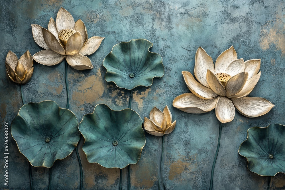 A stunning volumetric stucco mural with exquisite bronze lotus flowers on a textured concrete wall enhances the elegance and style of any interior space, making it truly stand out