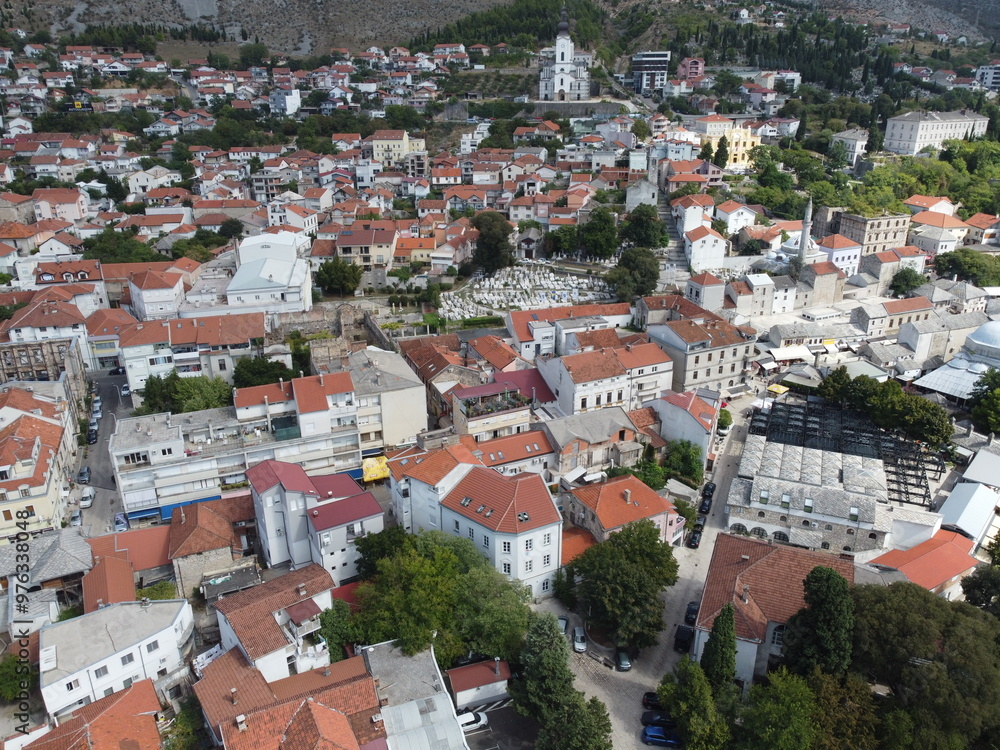 Drone aerial shot of Bosnia, Sarajevo, Mostar, Stari Most Bridge