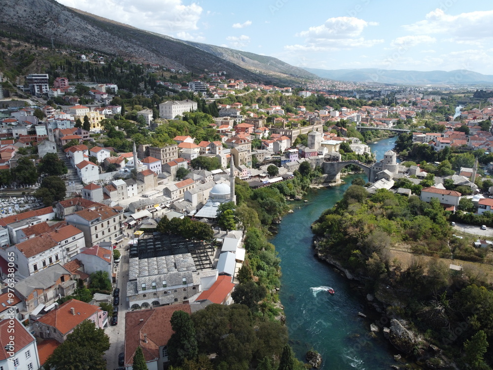 Drone aerial shot of Bosnia, Sarajevo, Mostar, Stari Most Bridge