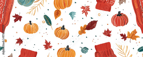 Cozy autumn sweaters, scarves, and pumpkins with warm colors, seasonal and inviting, flat, vector illustration, seamless pattern background design.