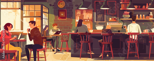 Cozy coffee shop with patrons enjoying their drinks and reading, flat, vector illustration, Sketch.