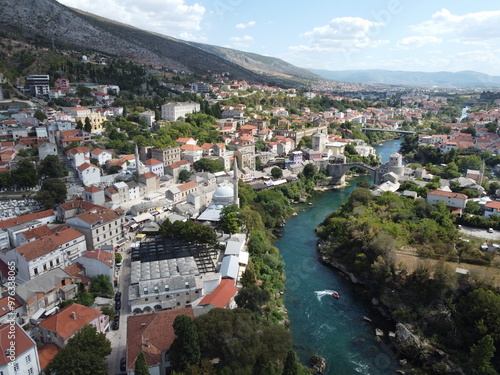 Obraz na płótnie Drone aerial shot of Bosnia, Sarajevo, Mostar, Stari Most Bridge w salonie
