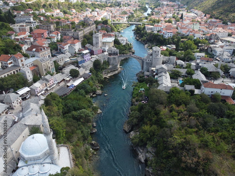 Drone aerial shot of Bosnia, Sarajevo, Mostar, Stari Most Bridge