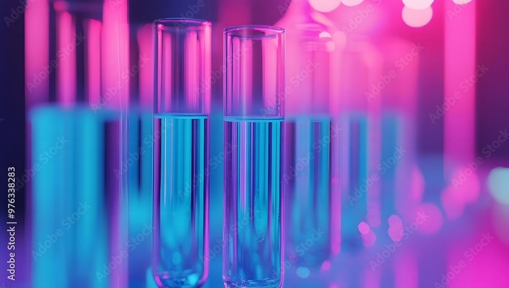 Liquid Drop Droplet with Dropper on Blue Red Tone Background and Test Tube Arrangement Liquid Drop Droplet with Dropper on Blue Red Tone Background and Test Tube Arrangement
