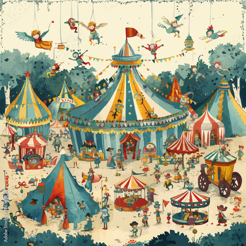 Create a whimsical circus with clowns, acrobats, and animals, perfect for entertainment and event advertisements, hand-drawn vector art.