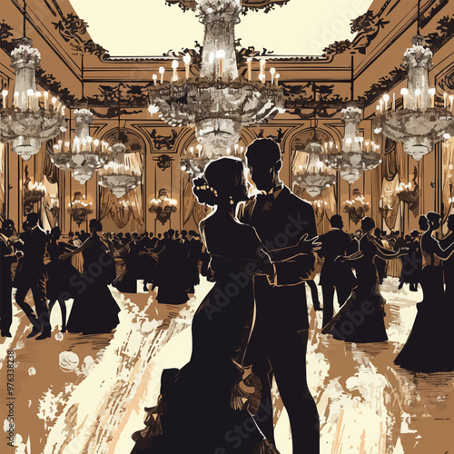 Create an elegant ballroom with chandeliers, dancers, and ornate details, ideal for event planning and cultural content, hand-drawn vector art.