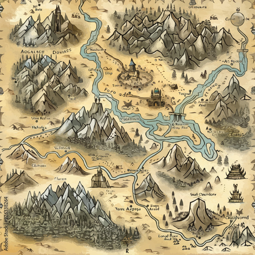 Create an intricate fantasy map with mountains, rivers, and mythical creatures, perfect for adventure and role-playing games, hand-drawn vector art.