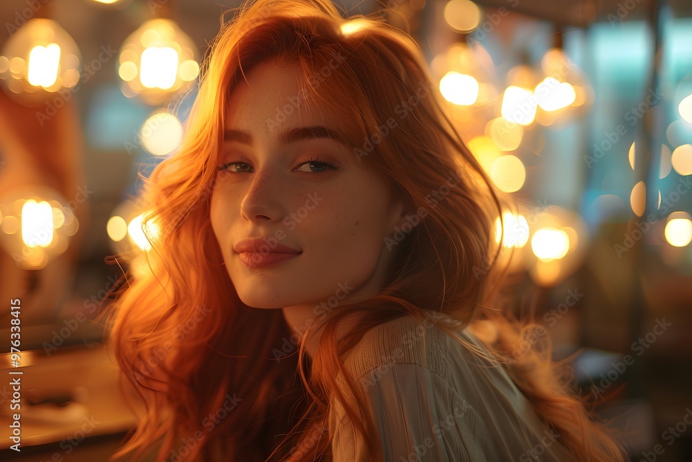 Captivating Portrait of a Young Woman with Radiant Red Hair Surrounded by Warm Lights Captivating Portrait of a Young Woman with Radiant Red Hair Surrounded by Warm Lights