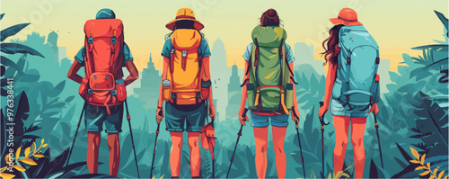 Tourist Guide concept. Four young tourists with backpacks on their backs. A group of friends exploring the city. Young tourist trekking in the jungle. Set Trend Modern vector flat illustration