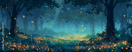 A magical forest clearing bathed in the soft glow of fireflies and fairy lights. Vector flat minimalistic isolated illustration.